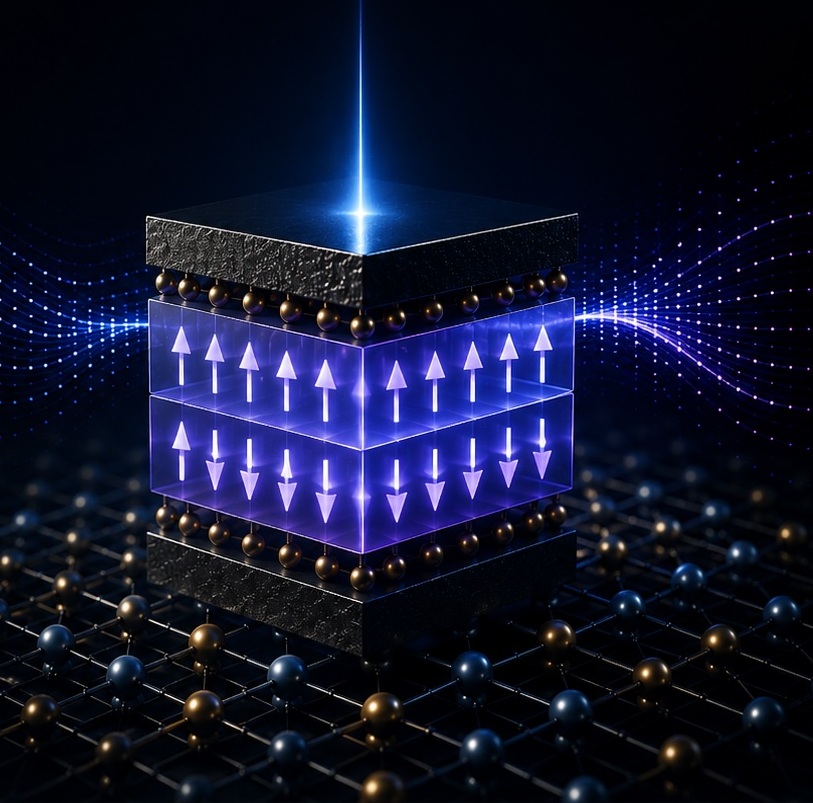Layered glowing material stack on an atomic lattice with blue wave patterns
